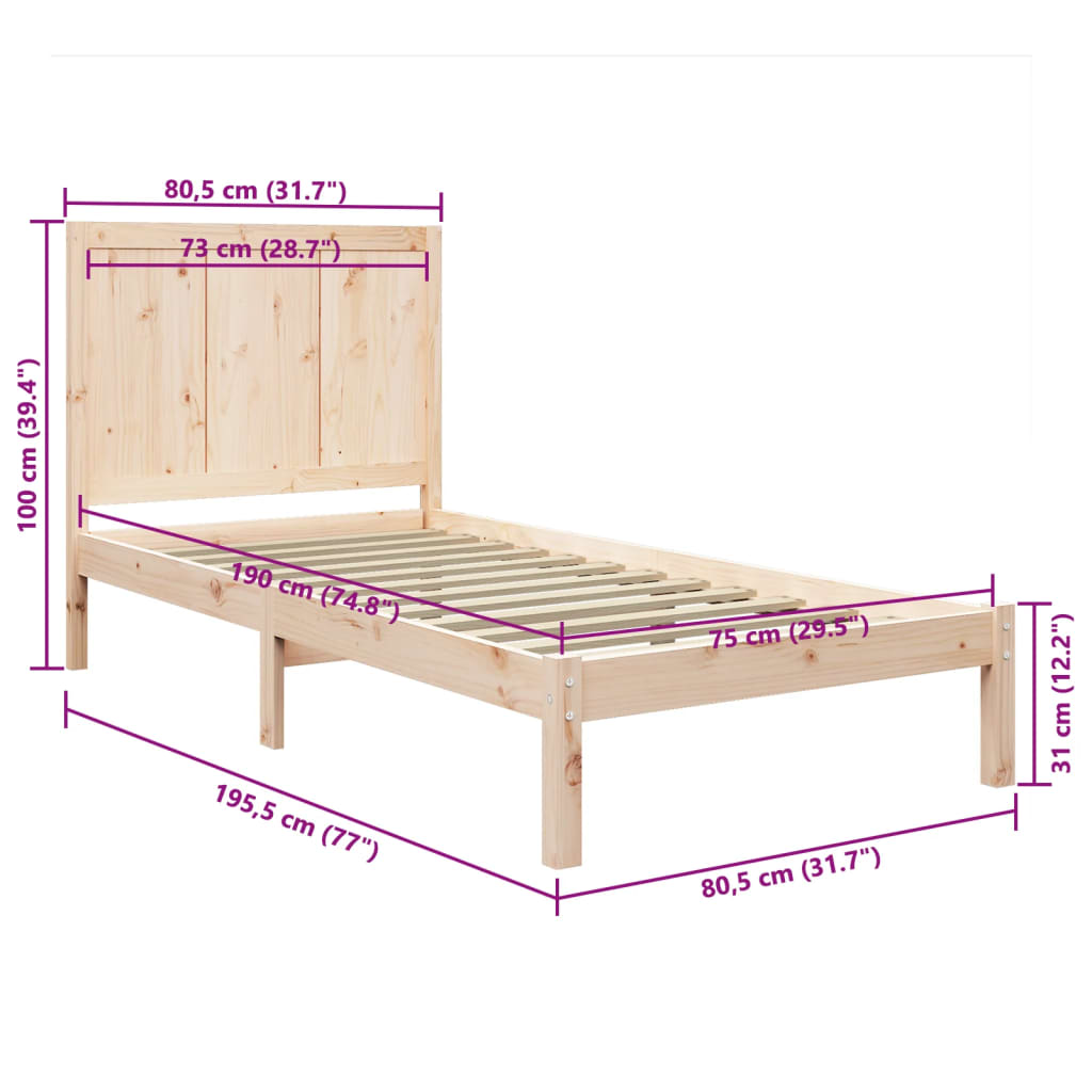Estructura de cama sin colchón madera maciza pino 75x190 cm v4321 - Vetonek