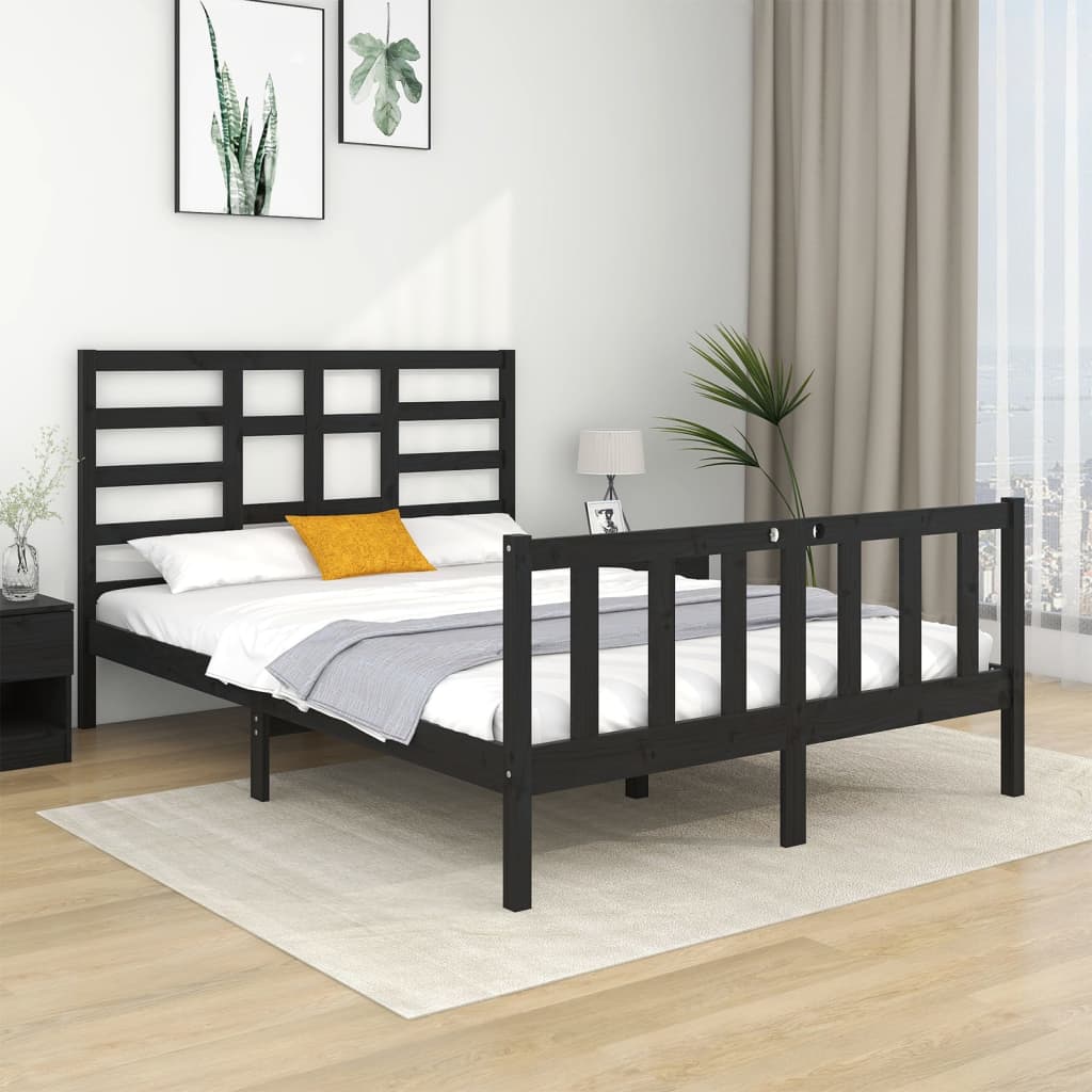 Vetonek Estructura de cama doble madera maciza negra 135x190 cm