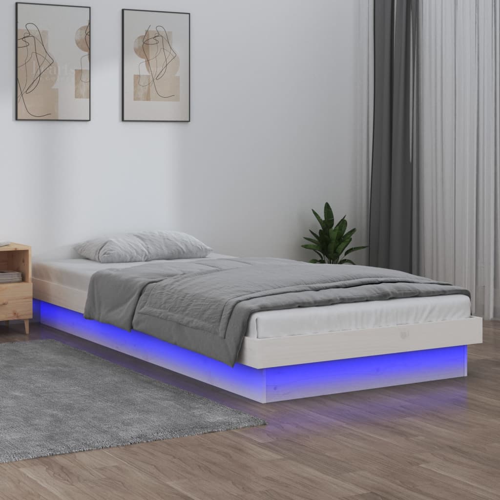 Vetonek Estructura cama individual LED sin colchón madera maciza blanco