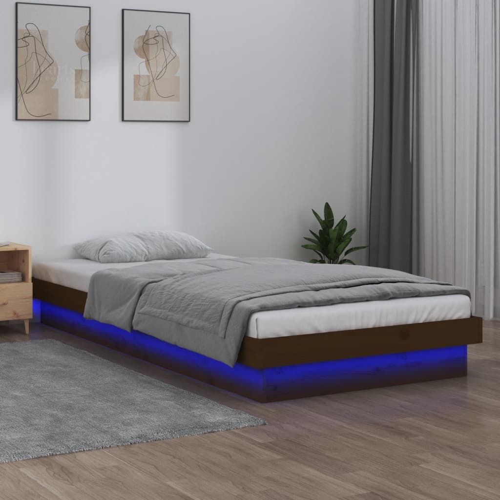 Vetonek Estructura cama individual LED sin colchón madera marrón miel