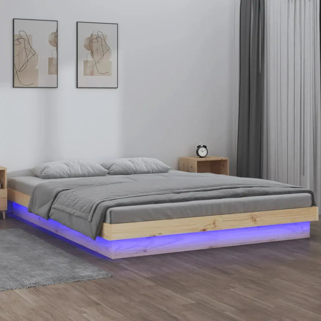 Vetonek Estructura de cama doble pequeña LED sin colchón madera maciza