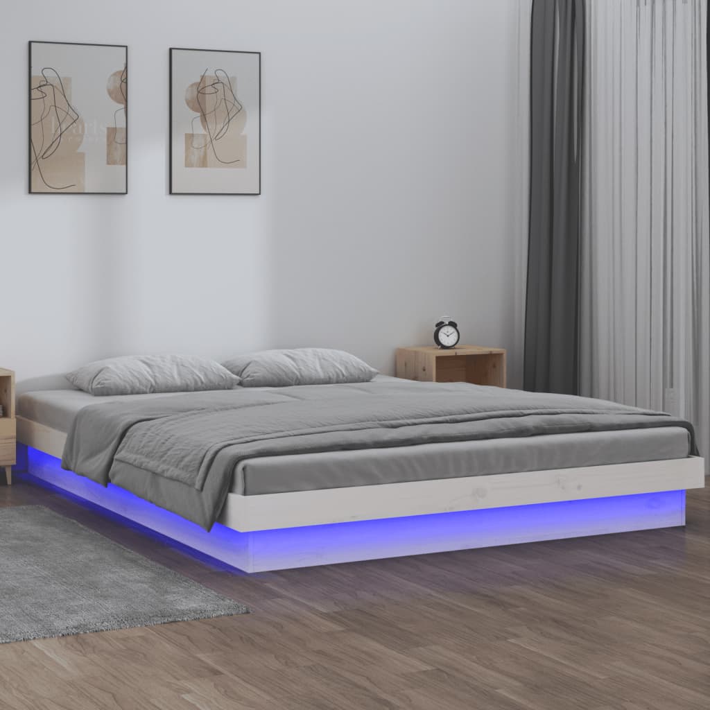 Vetonek Estructura de cama doble LED sin colchón madera maciza blanco