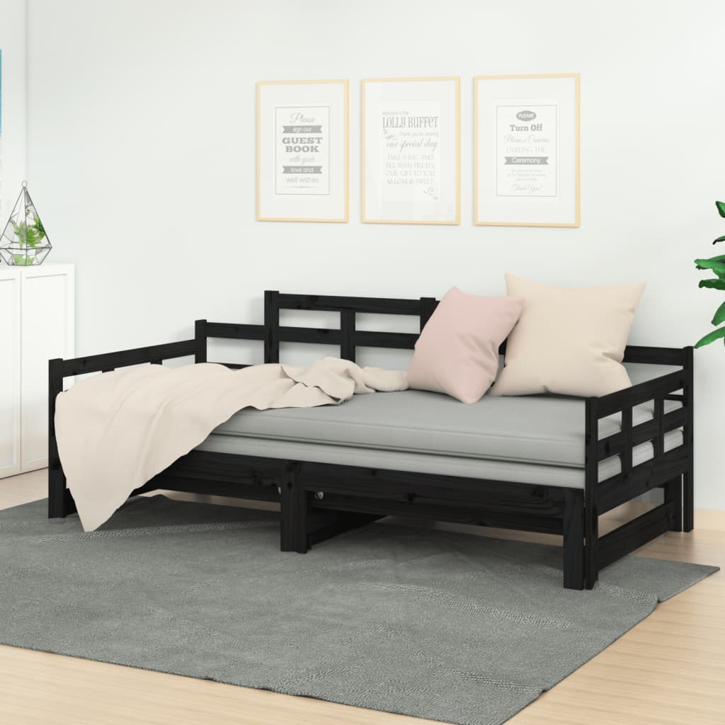 Vetonek Sofá cama extraíble madera maciza de pino negro 2x(80x200) cm