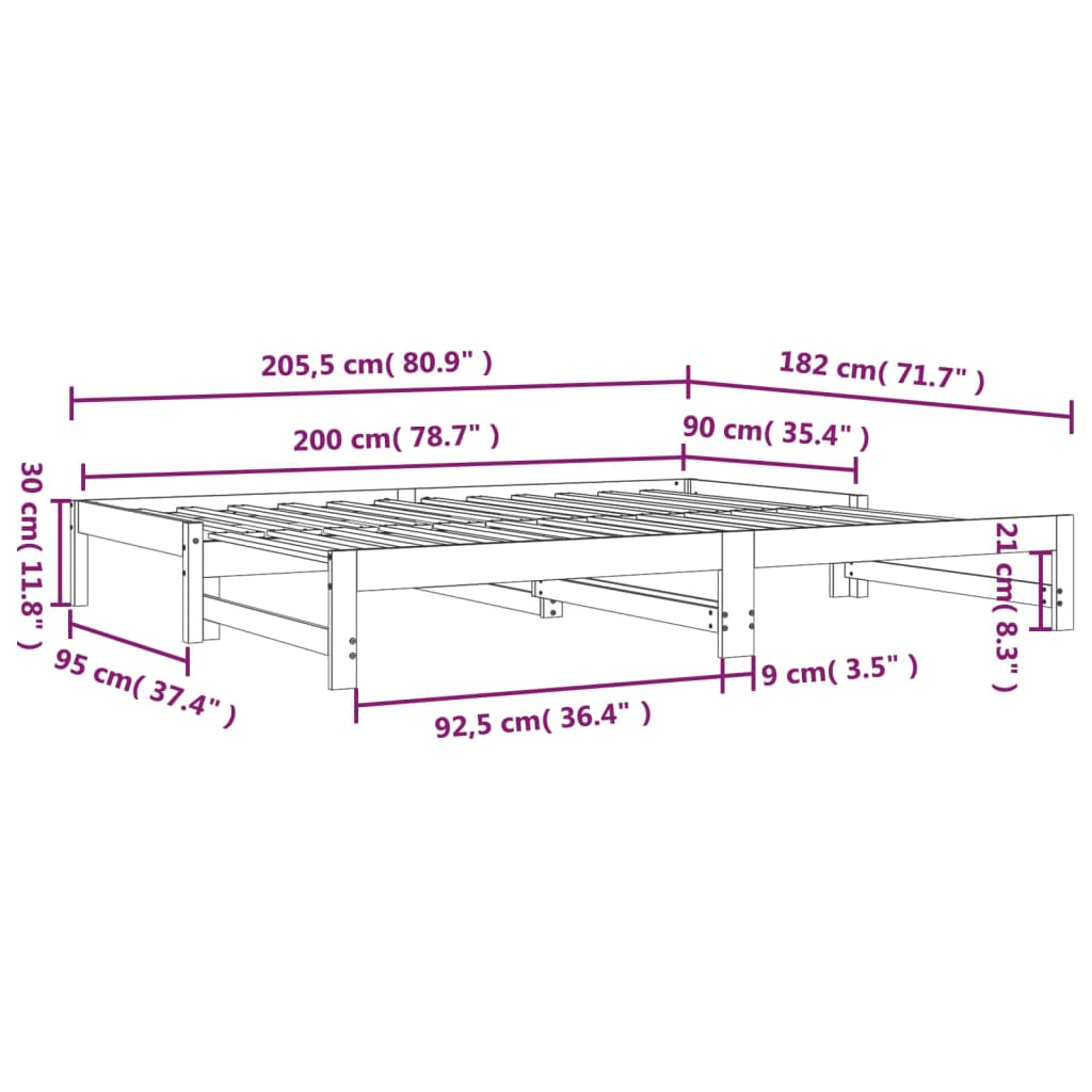 Sofa ohe aldagarria pinu marroiaren egur trinkoa 2x (90x200) cm