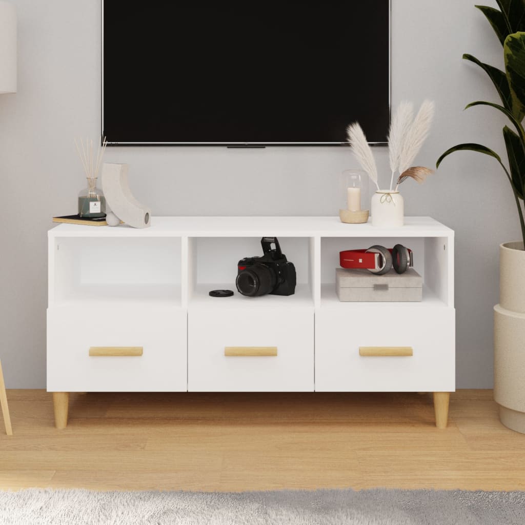 Vetonek Mueble de TV madera contrachapada blanco brillo 102x36x50 cm