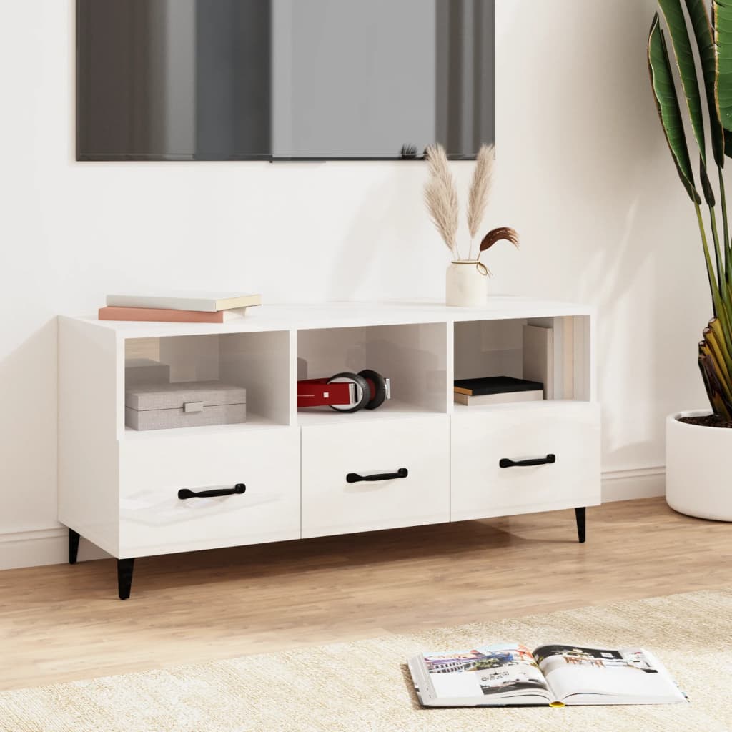 Vetonek Mueble de TV madera contrachapada blanco brillo 102x35x50 cm