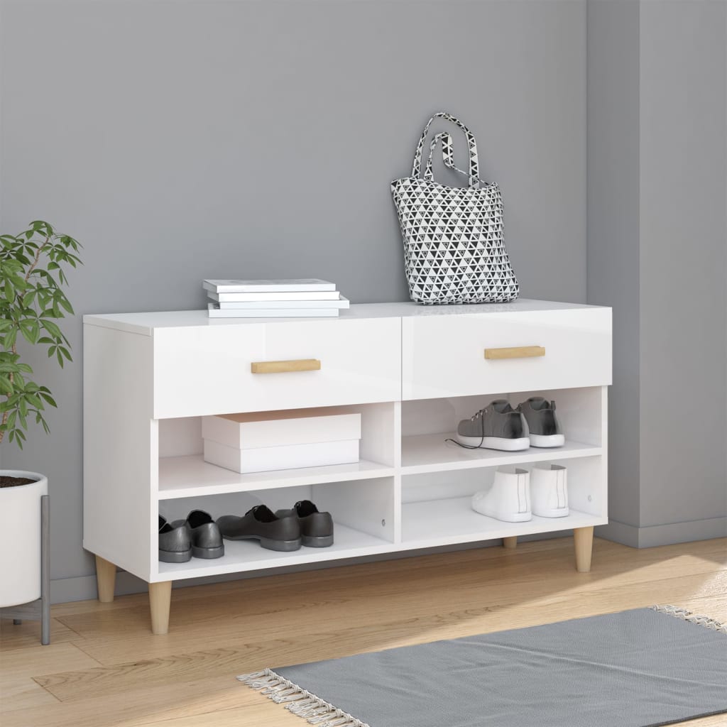 Vetonek Mueble zapatero madera contrachapada blanco brillo 102x35x55 cm