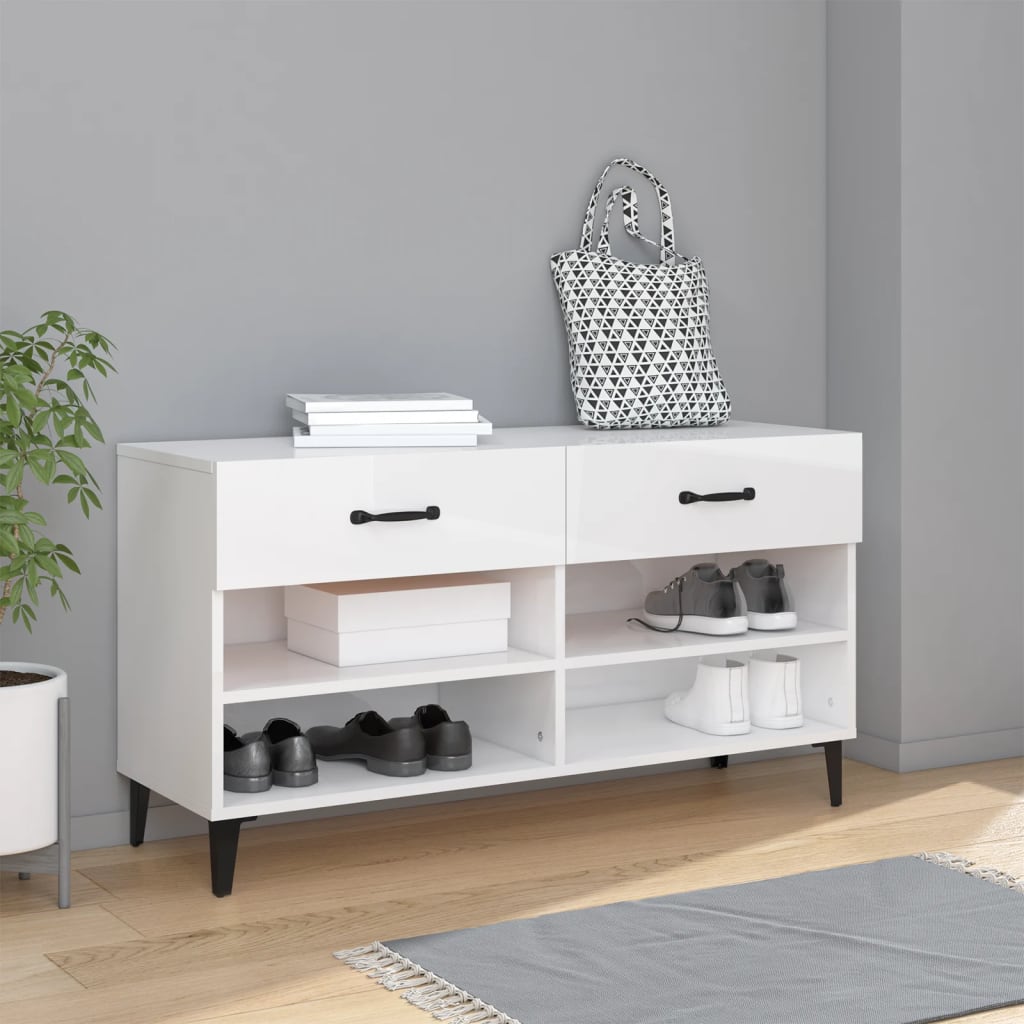 Vetonek Mueble zapatero madera contrachapada blanco brillo 102x35x55 cm