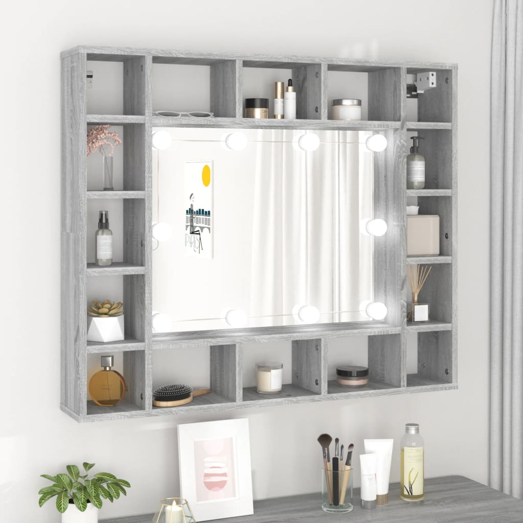 Vetonek Mueble con espejo y LED color gris Sonoma 91x15x76,5 cm