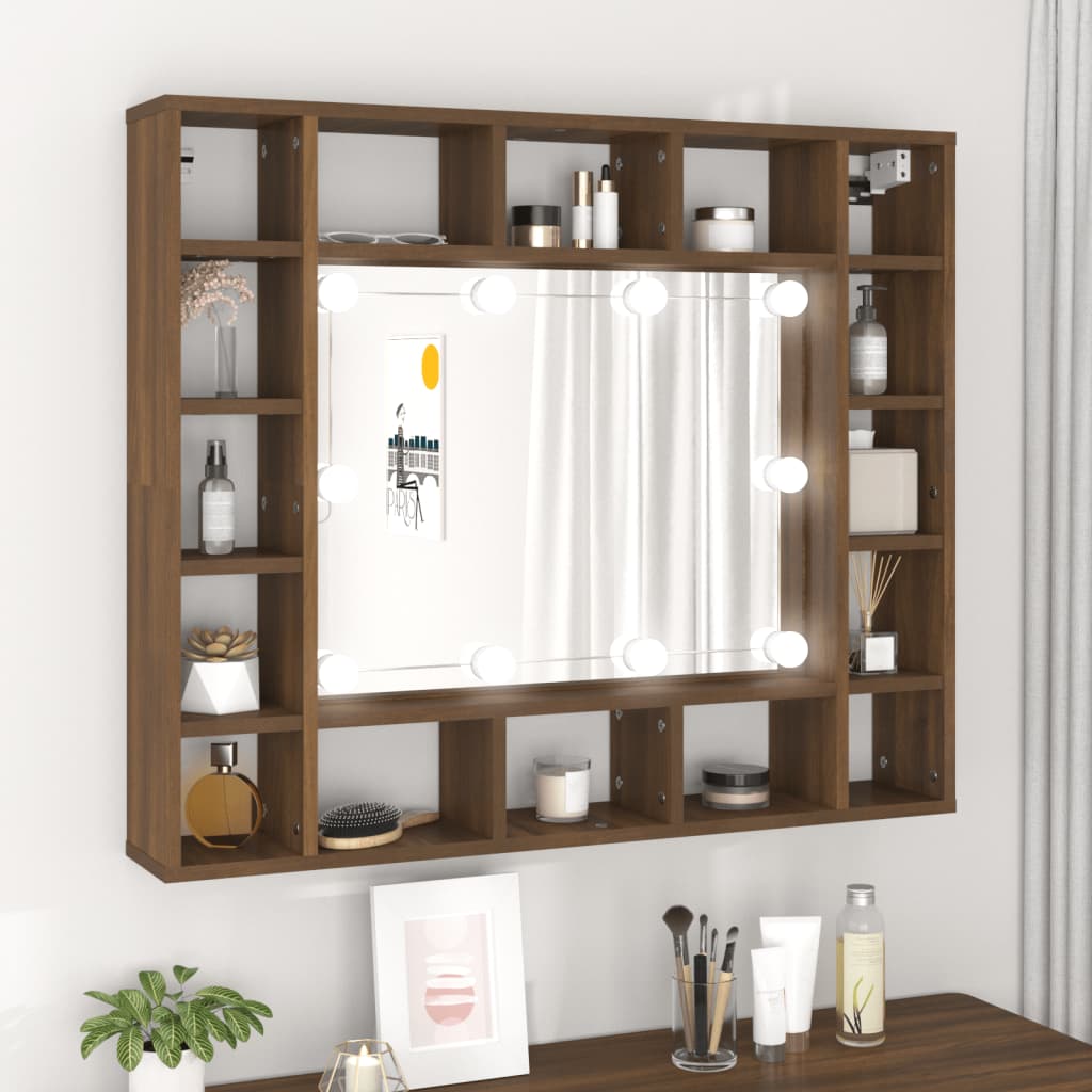 Vetonek Mueble con espejo y LED marrón roble 91x15x76,5 cm