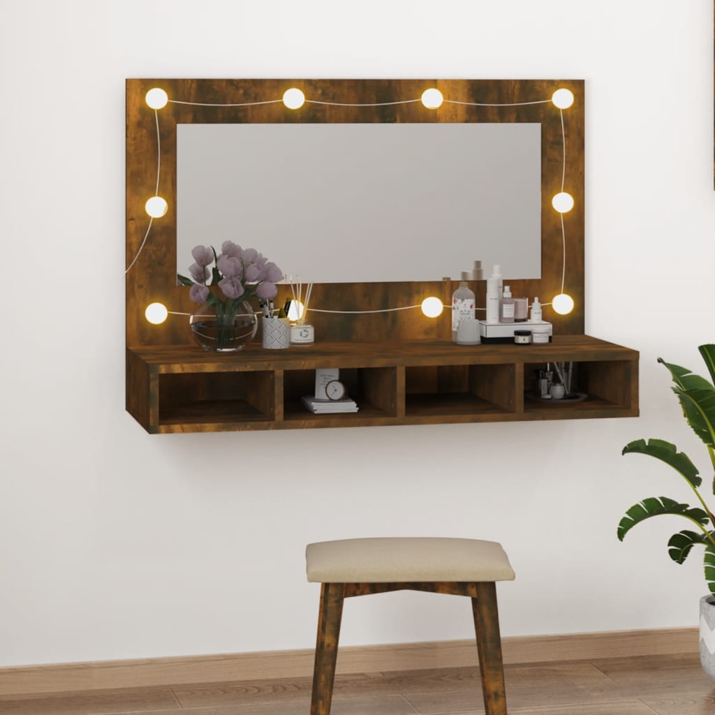 Vetonek Mueble con espejo y LED color roble ahumado 90x31,5x62 cm