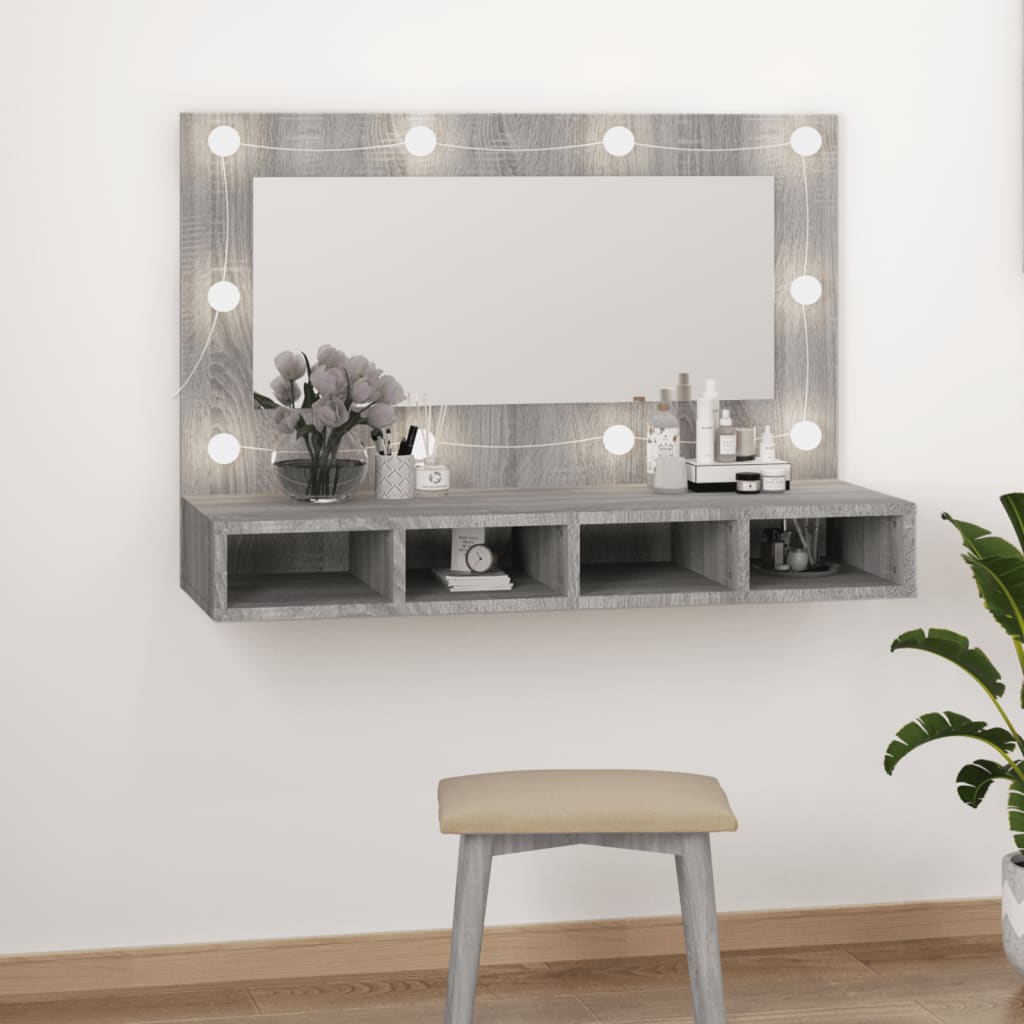 Vetonek Mueble con espejo y LED color gris Sonoma 90x31,5x62 cm