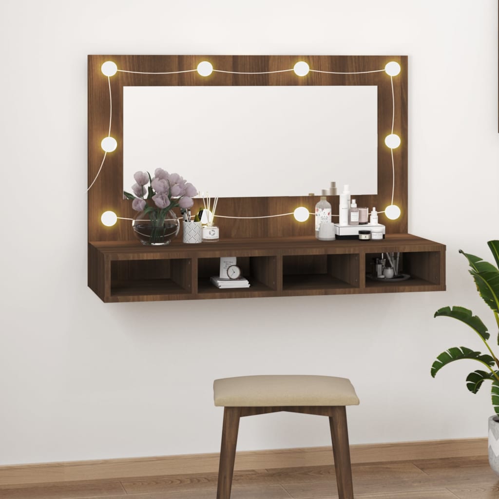 Vetonek Mueble con espejo y LED marrón roble 90x31,5x62 cm