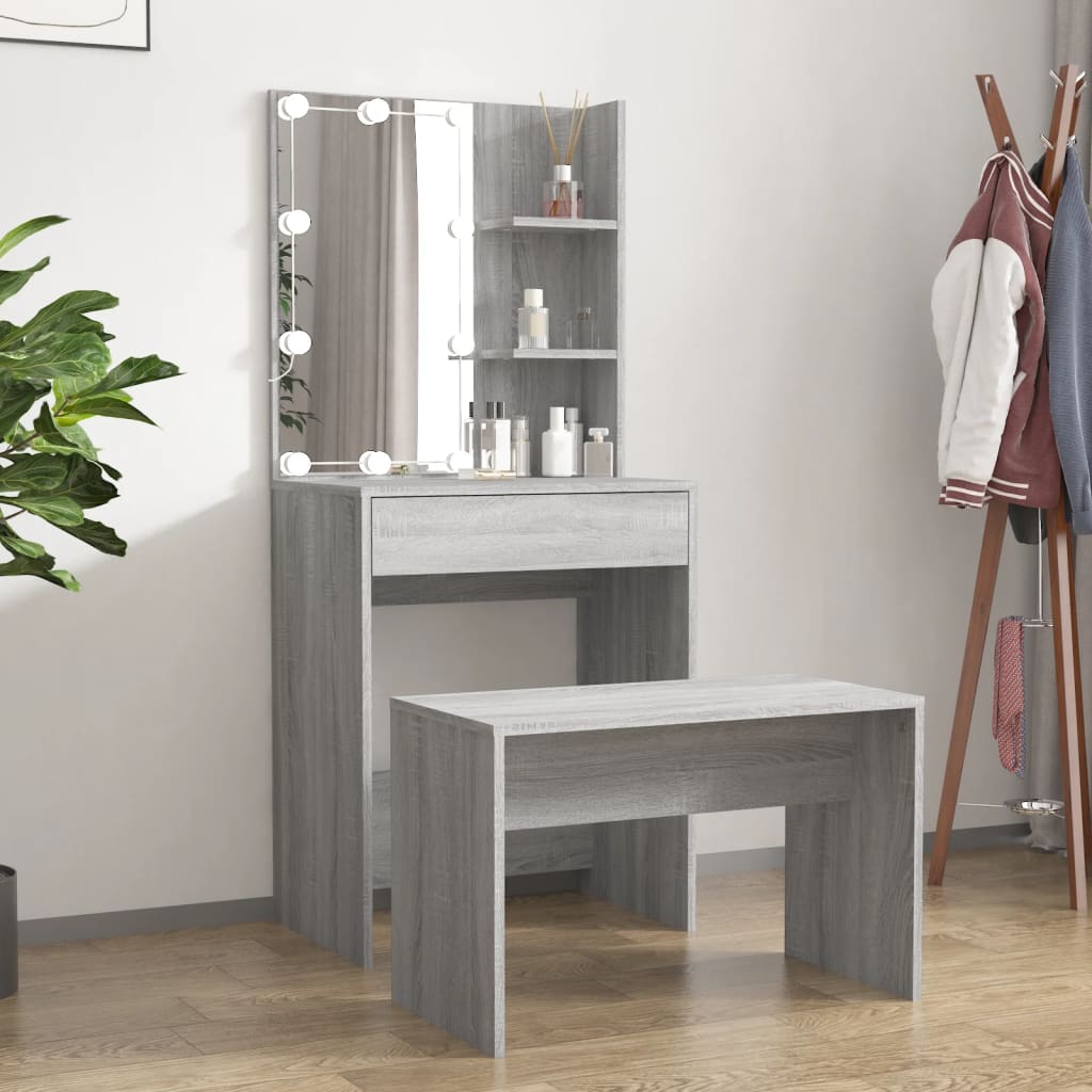 Vetonek Juego de tocador con LED madera contrachapada gris Sonoma