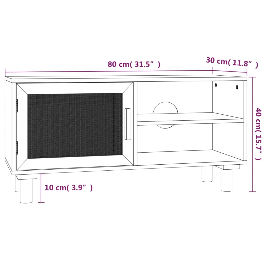 Pino solid wood and rattan tv furniture 80x30x40 cm