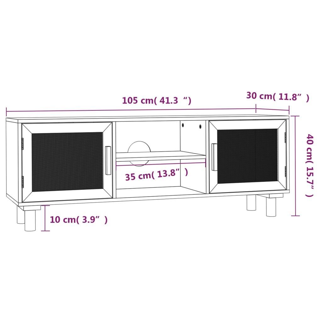 Mueble para TV madera maciza pino y ratán natural 105x30x40 cm