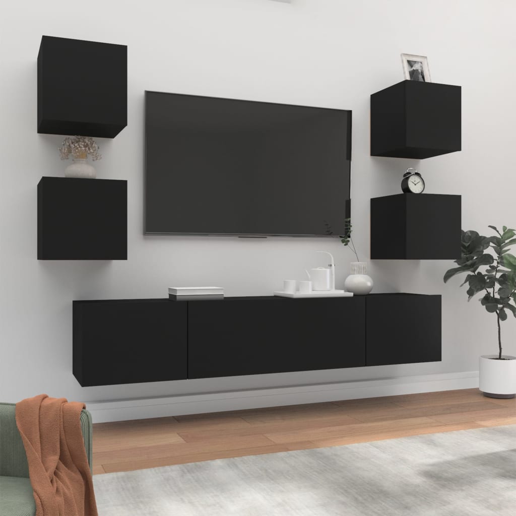 Vetonek Set de muebles para TV 6 piezas madera contrachapada negro