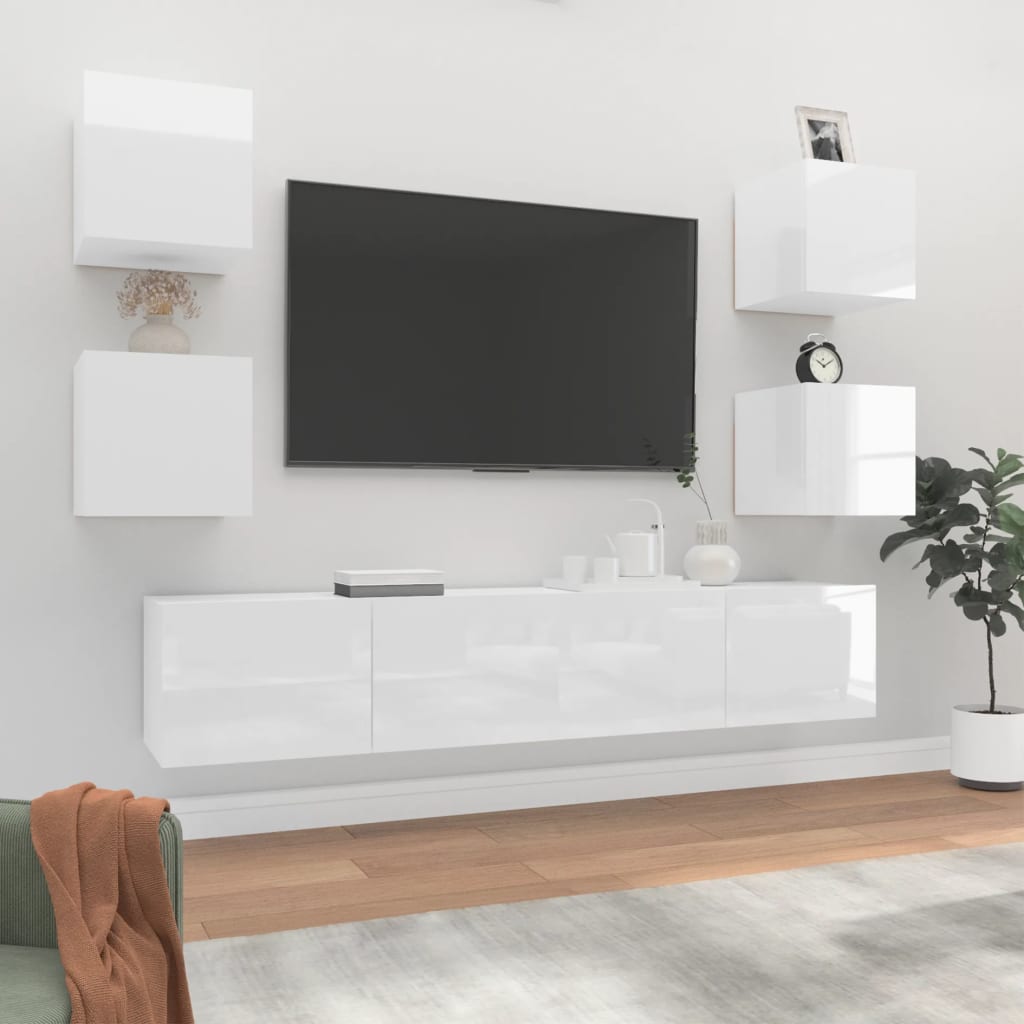 Vetonek Set de muebles de TV 6 pzas madera contrachapada blanco brillo