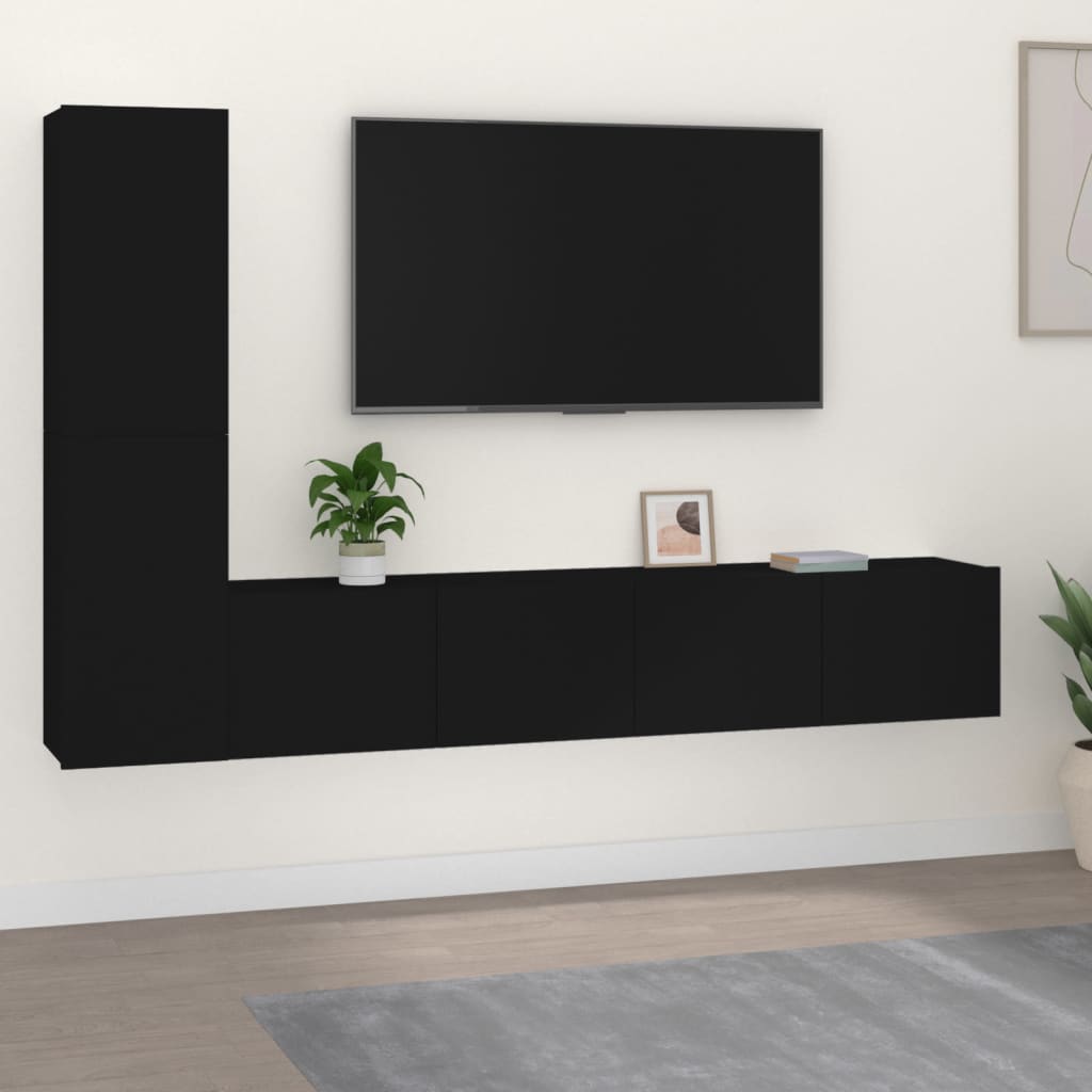 Vetonek Set de muebles para TV 4 piezas madera contrachapada negro