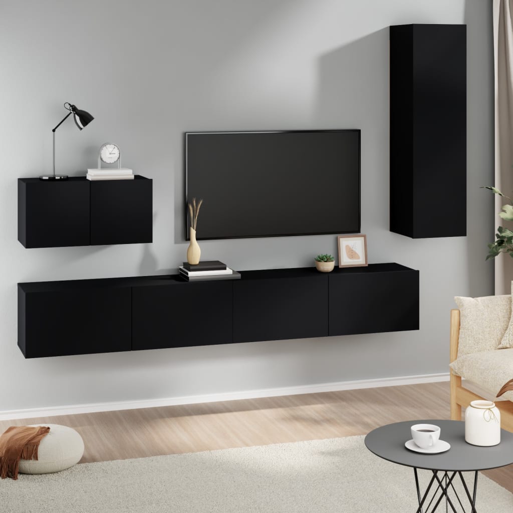 Vetonek Set de muebles para TV 4 piezas madera contrachapada negro