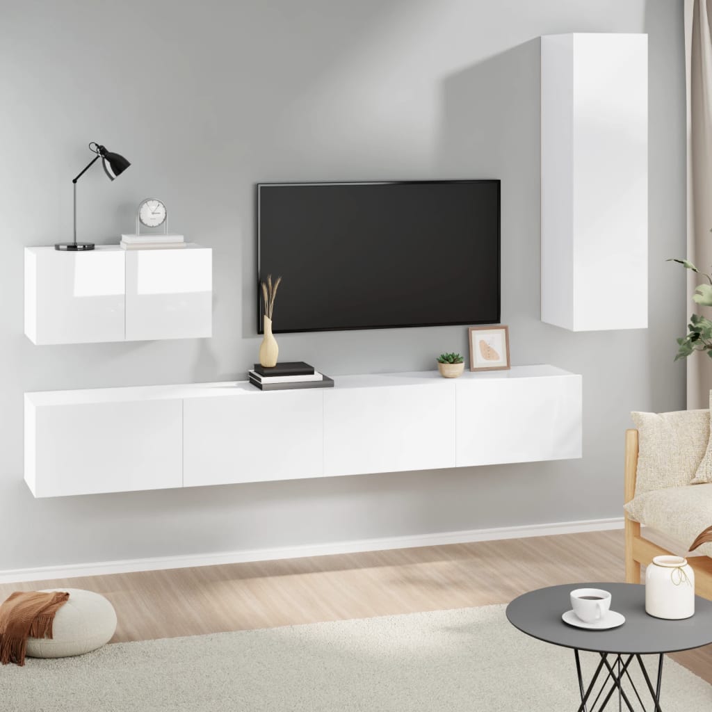 Vetonek Set de muebles de TV 4 pzas madera contrachapada blanco brillo