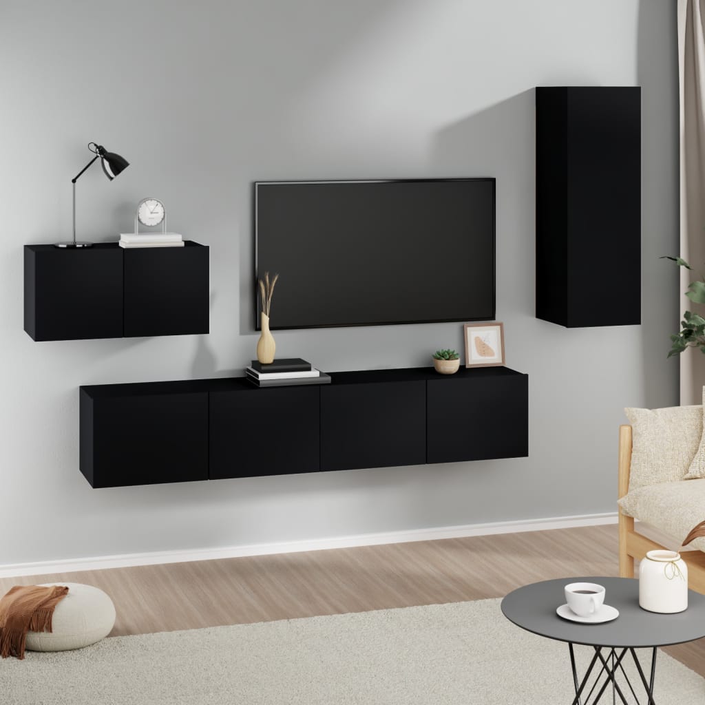 Vetonek Set de muebles para TV 4 piezas madera contrachapada negro