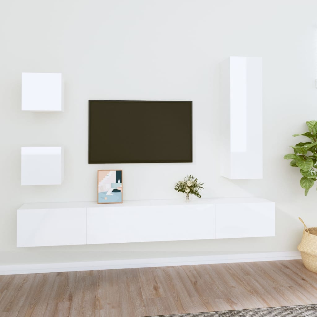 Vetonek Set de muebles de TV 5 pzas madera contrachapada blanco brillo