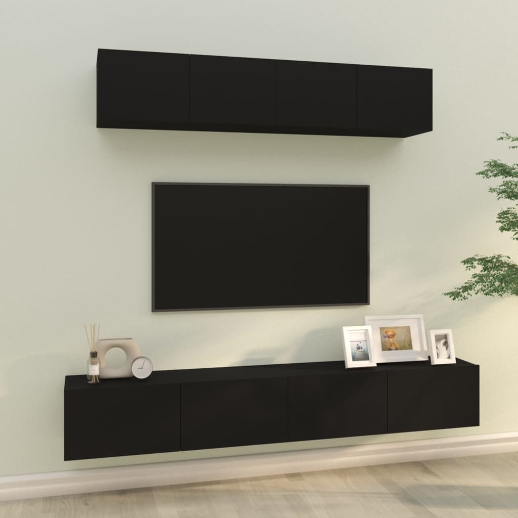 Vetonek Set de muebles para TV 4 piezas madera contrachapada negro