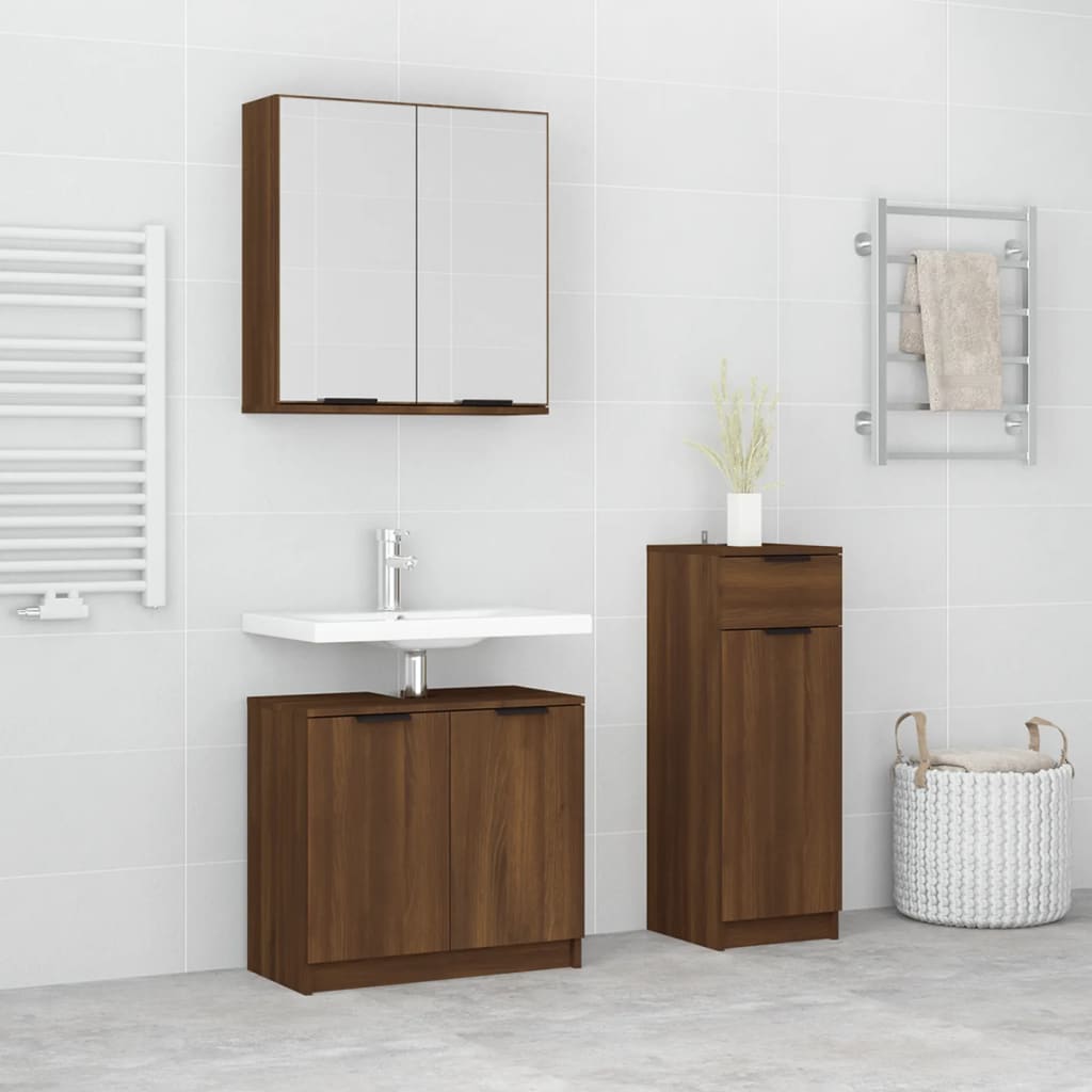 Vetonek Set de muebles de baño 3 pzas madera contrachapada roble marrón