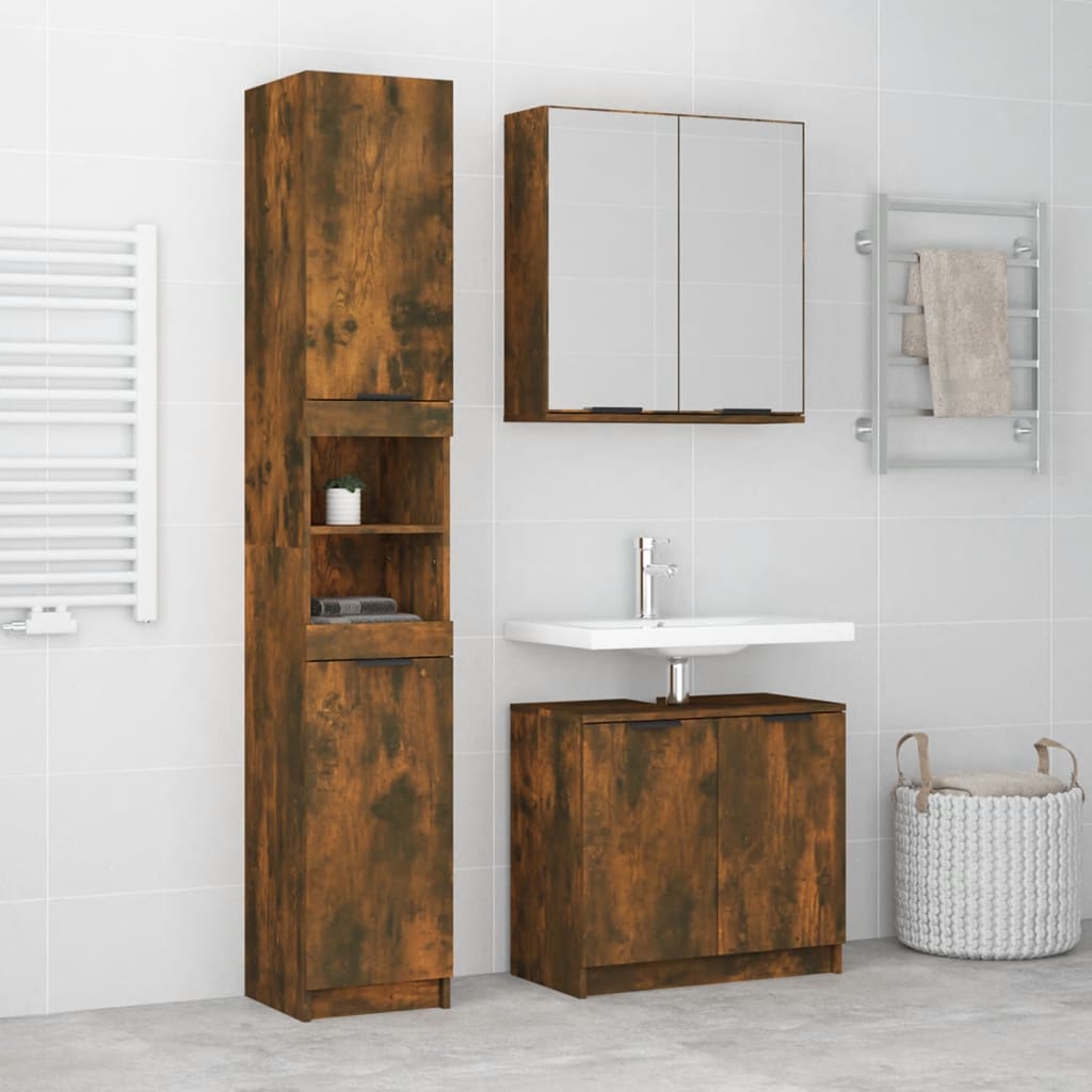 Vetonek Set de muebles baño 3 pzas madera contrachapada roble ahumado