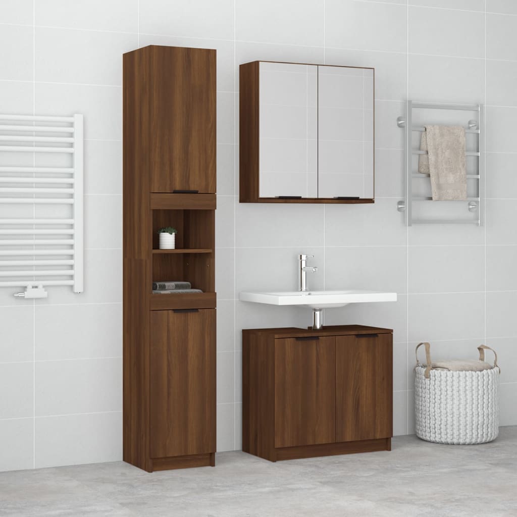 Vetonek Set de muebles de baño 3 pzas madera contrachapada roble marrón