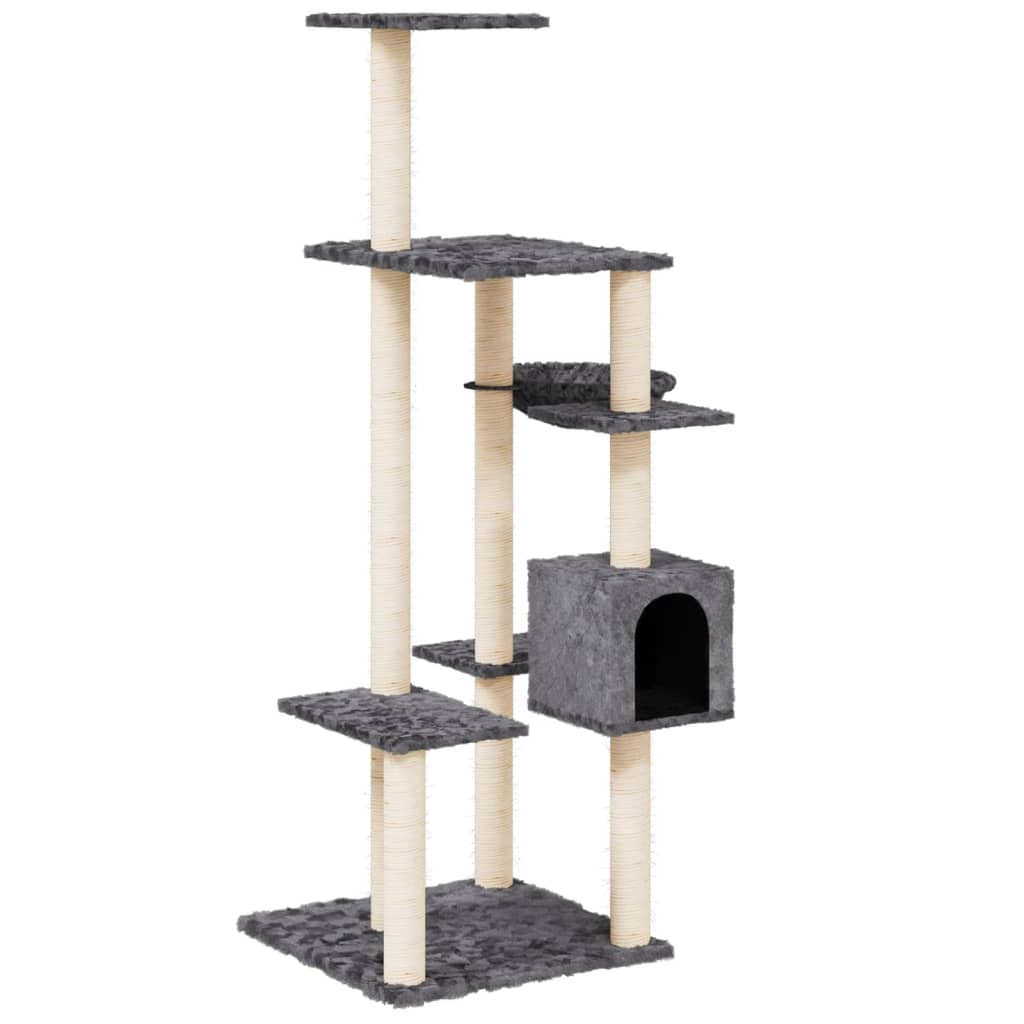 Rascador para gatos con postes de sisal gris oscuro 142 cm