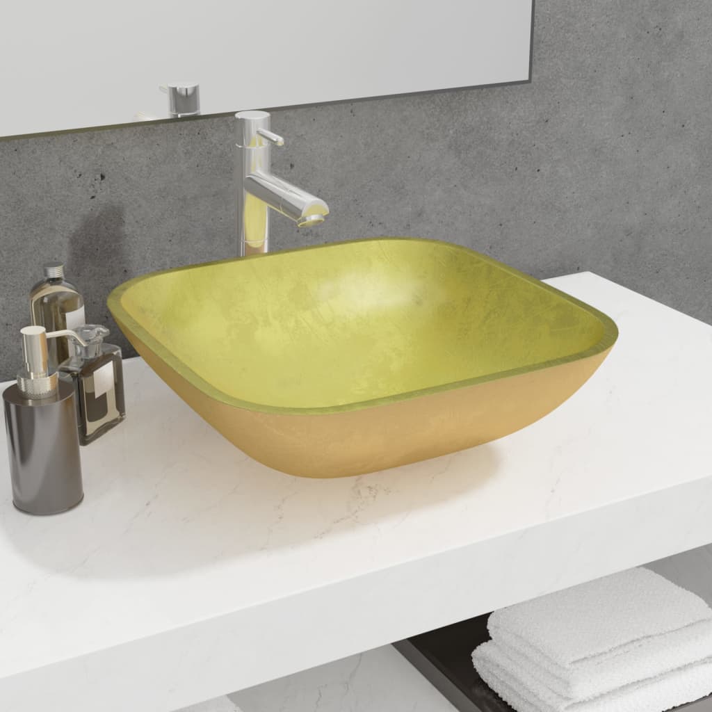 Vetonek Lavabo de vidrio dorado 42x42x14 cm