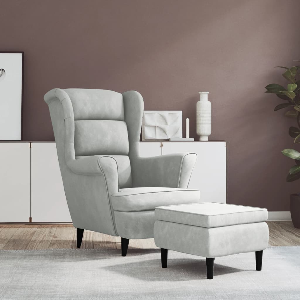 Vetonek Sillón orejero y taburete de terciopelo gris claro