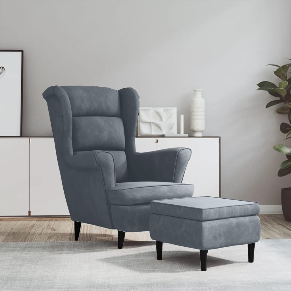 Vetonek Sillón orejero y taburete de terciopelo gris oscuro