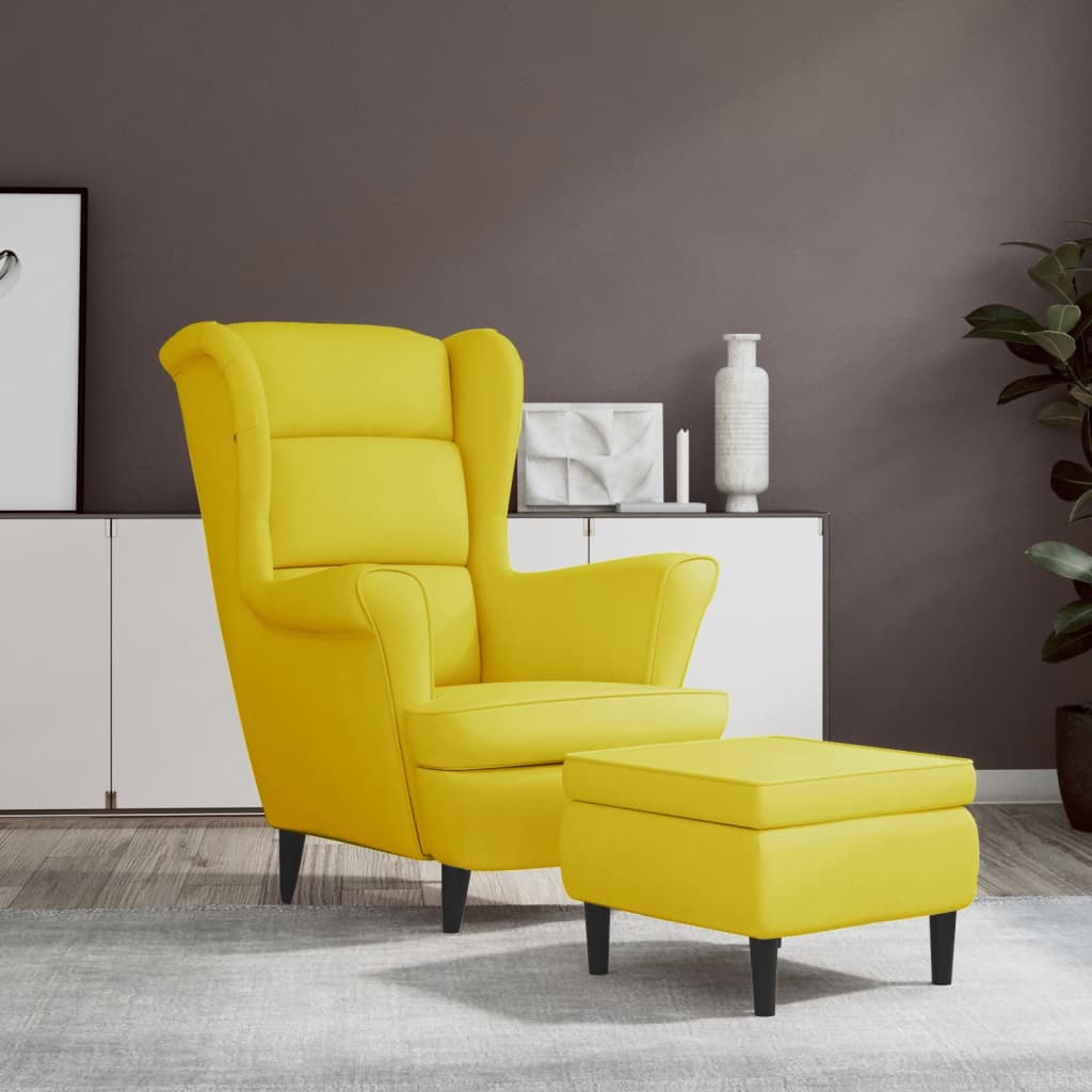 Vetonek Sillón orejero con taburete terciopelo amarillo mostaza