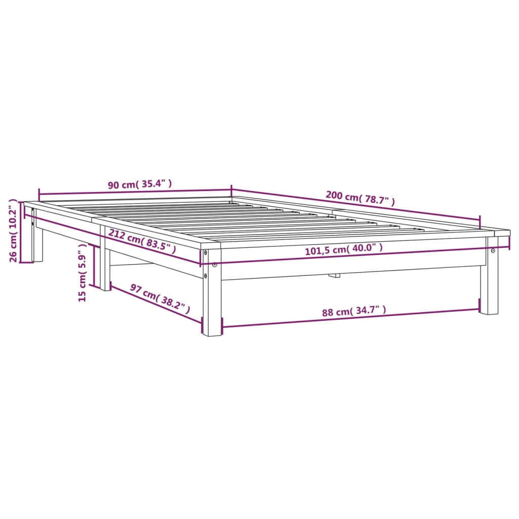 Estructura de cama madera maciza de pino gris 90x200 cm