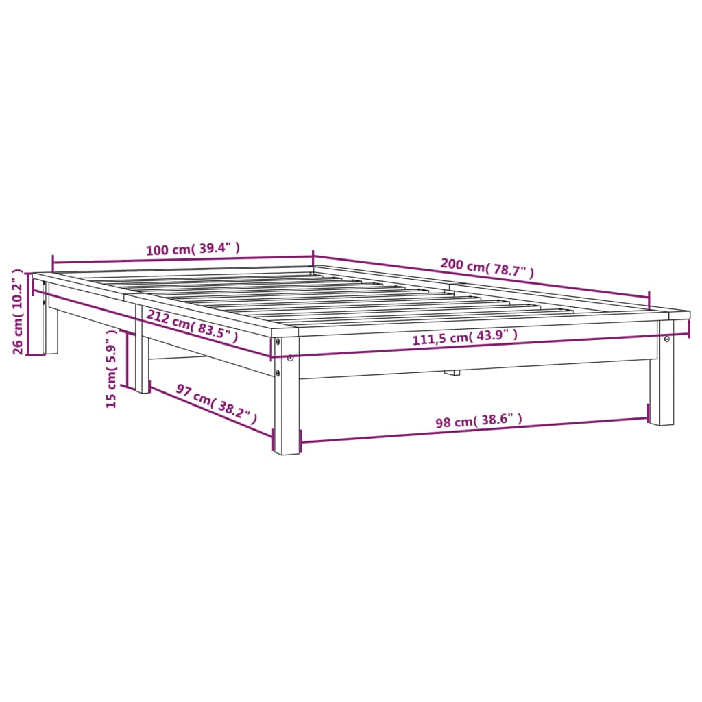 Estructura de cama madera maciza de pino negra 100x200 cm