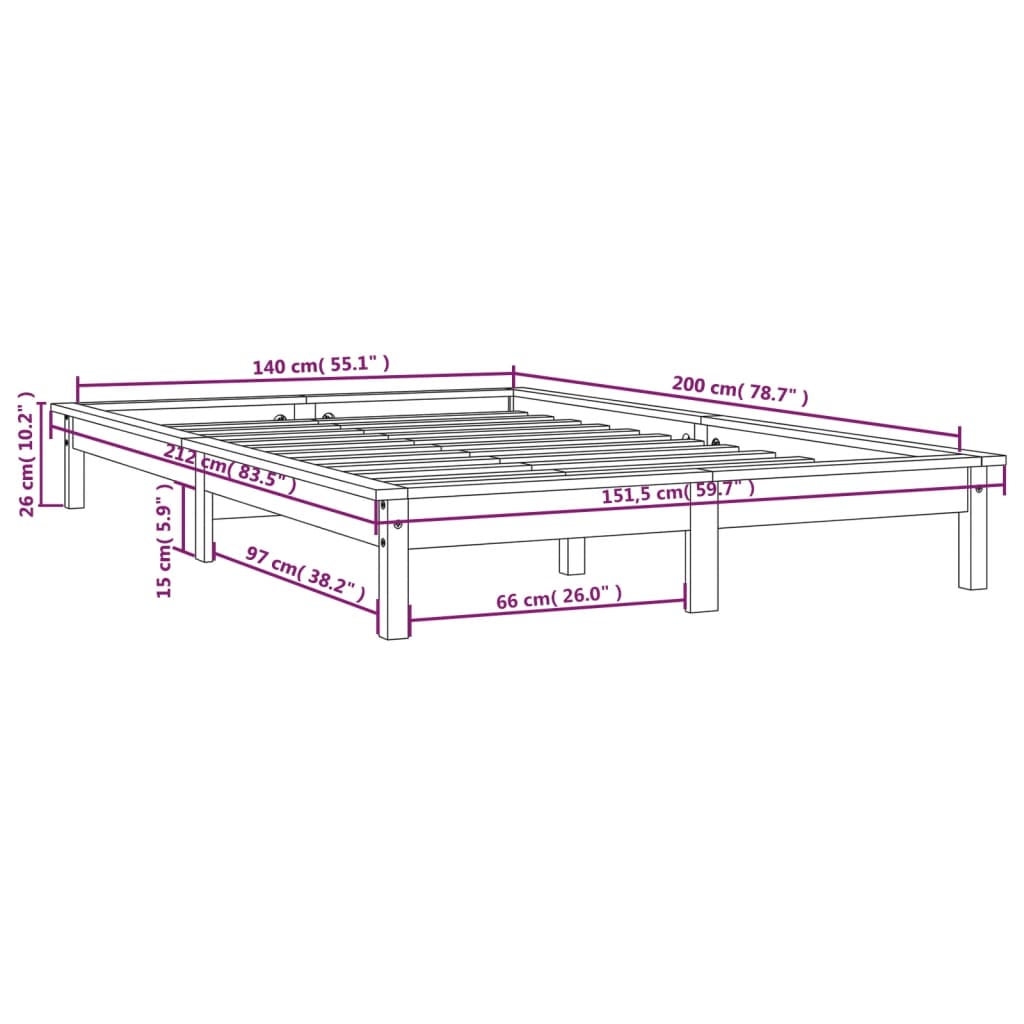 White pine pine wooden bed structure 140x200 cm