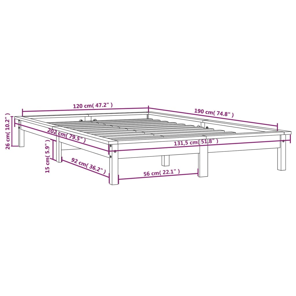 White pine pine wooden bed structure 120x190 cm