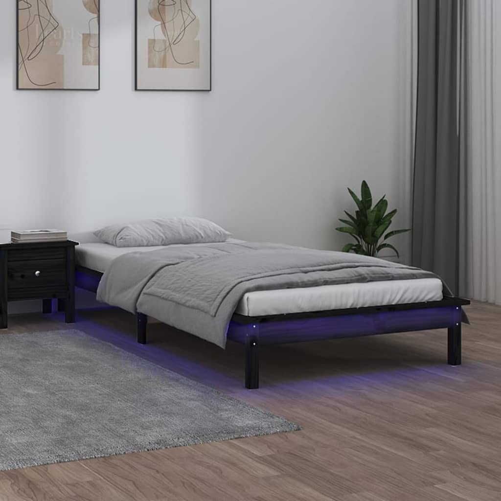 Vetonek Estructura cama LED sin colchón madera maciza negro 90x200 cm