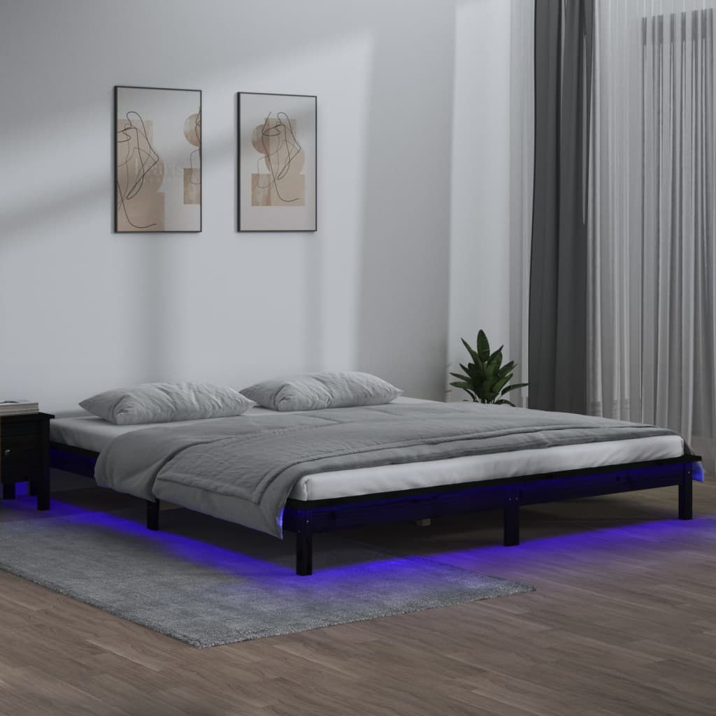 Vetonek Estructura de cama doble con LED madera maciza negra 120x190 cm