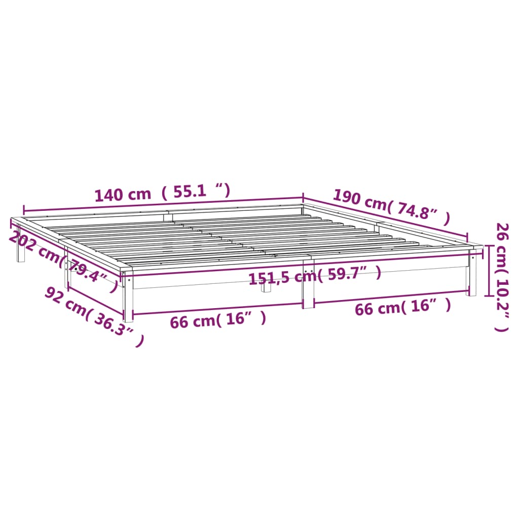 LED bed structure White solid wood 140x190 cm