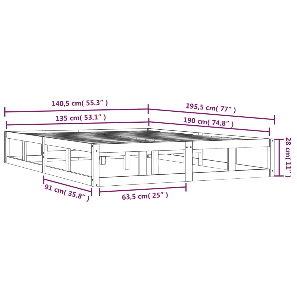 Estructura de cama doble madera maciza marrón miel 135x190 cm