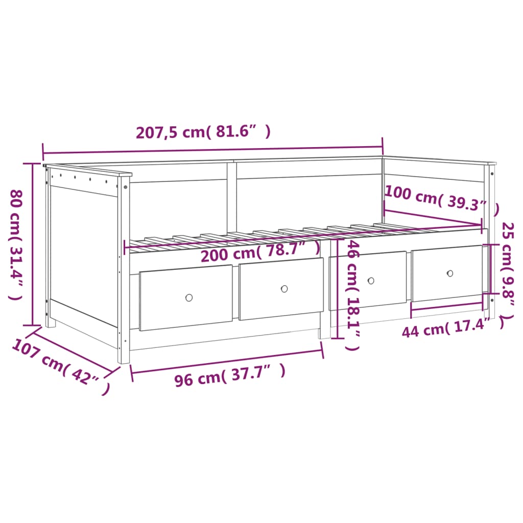 Black pine pine wood sofa 100x200 cm