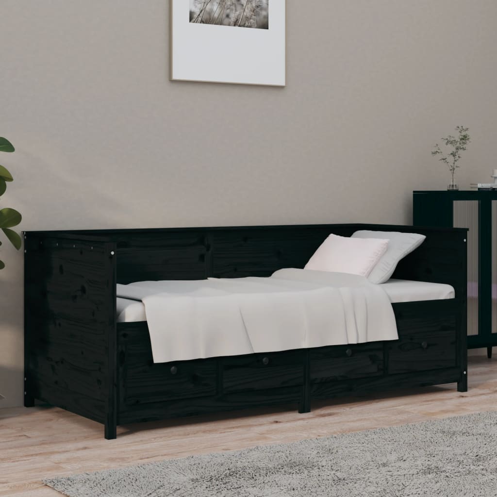 Vetonek Sofá cama sin colchón madera maciza de pino negro 90x190 cm