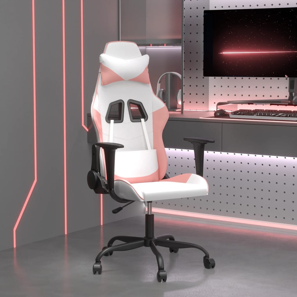 Vetonek Silla gaming de masaje cuero sintético blanco y rosa