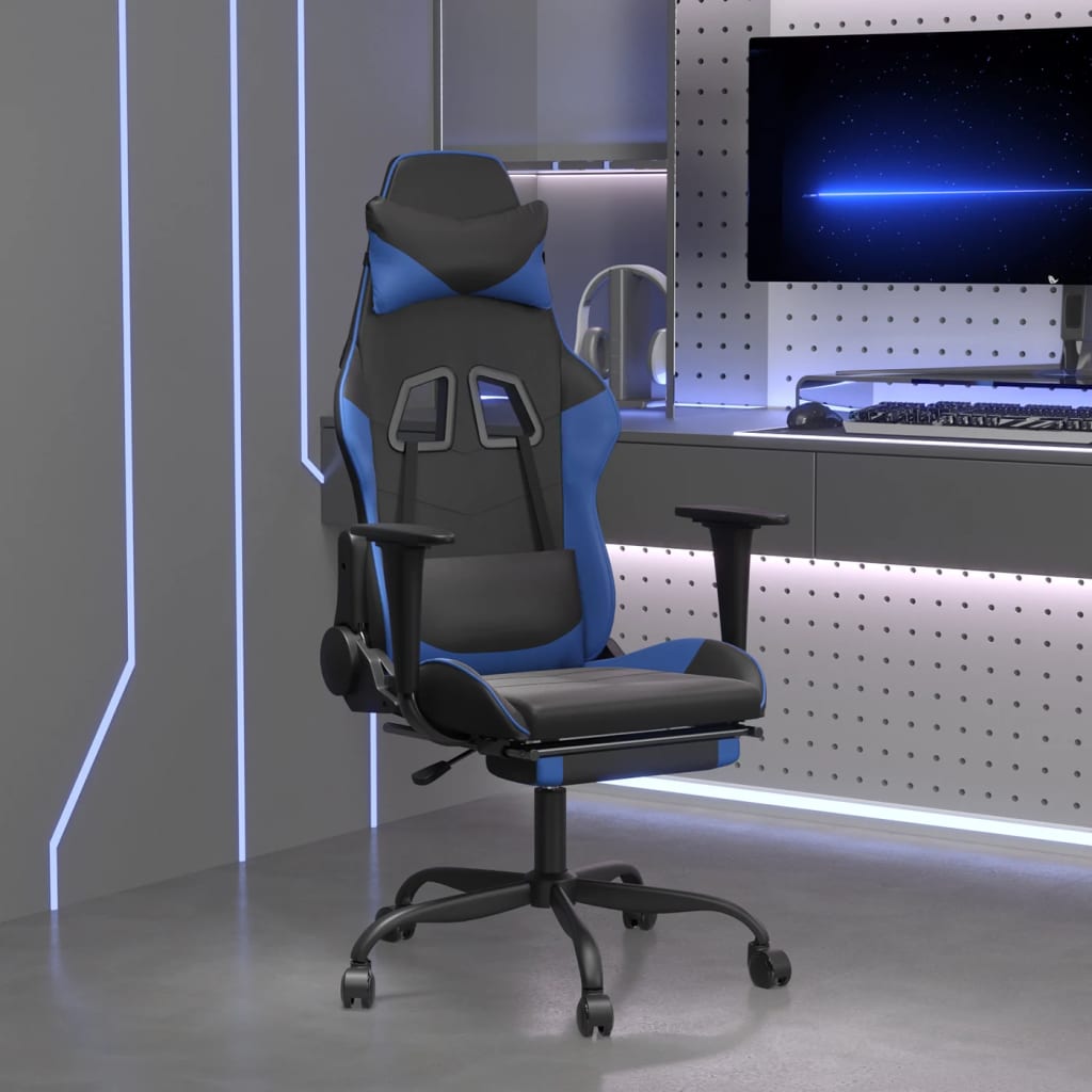 Vetonek Silla gaming de masaje y reposapiés cuero sintético negro azul