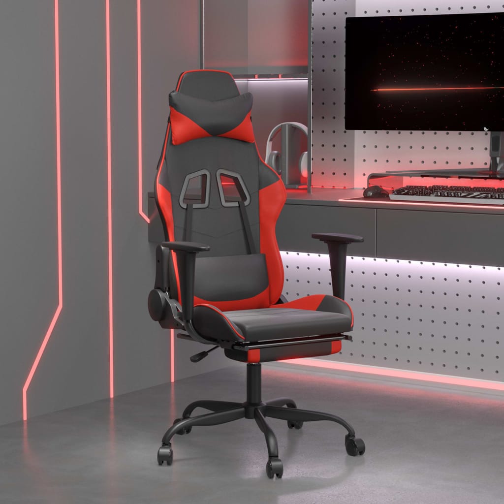 Vetonek Silla gaming de masaje y reposapiés cuero sintético negro rojo