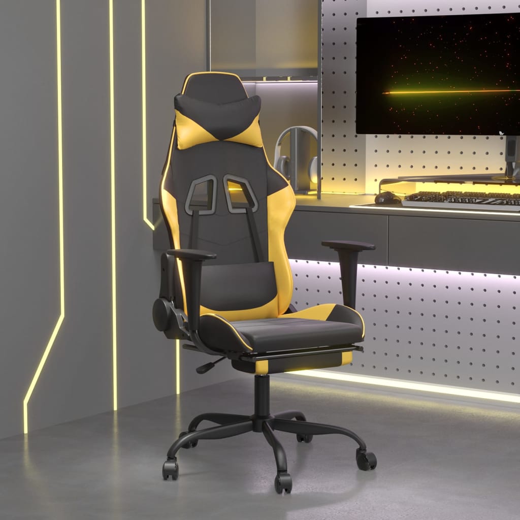 Vetonek Silla gaming masaje y reposapiés cuero sintético negro dorado